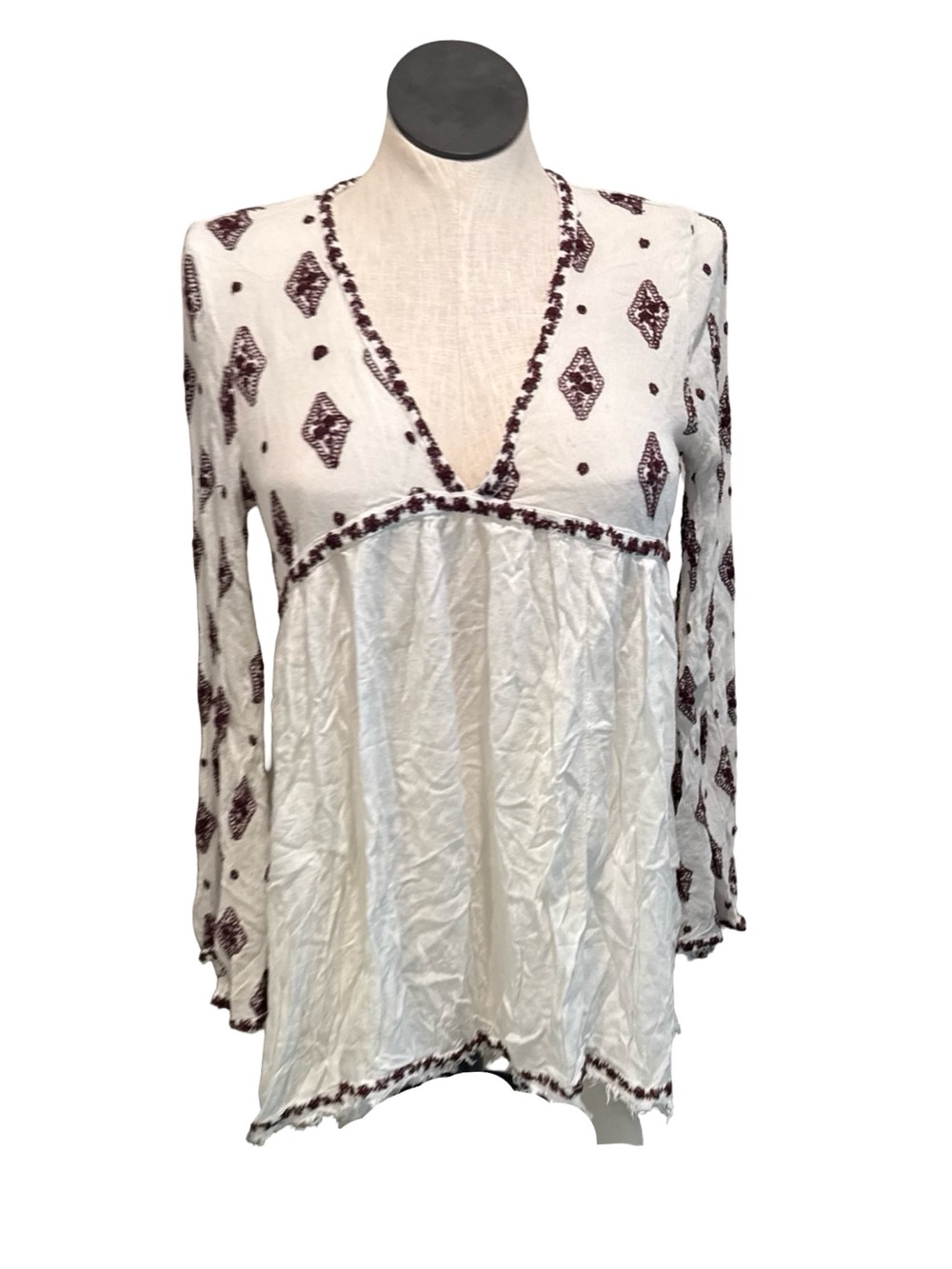 Free People White Tunic Top with Burgundy Diamond Embroidery